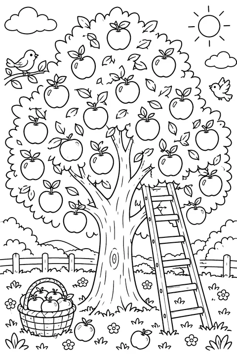 An apple tree full of apples with a ladder coloring page