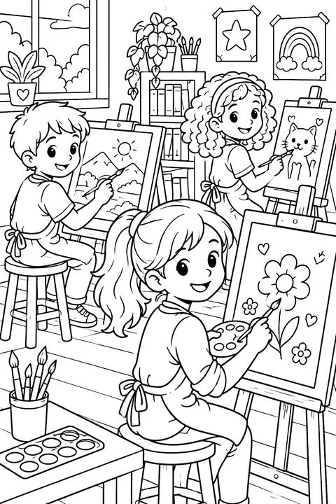 Kids painting at easels in art class coloring page
