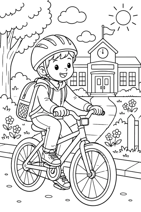 A child riding a bike to school coloring page