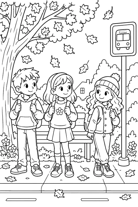 Kids waiting at a bus stop with a falling-leaf tree coloring page