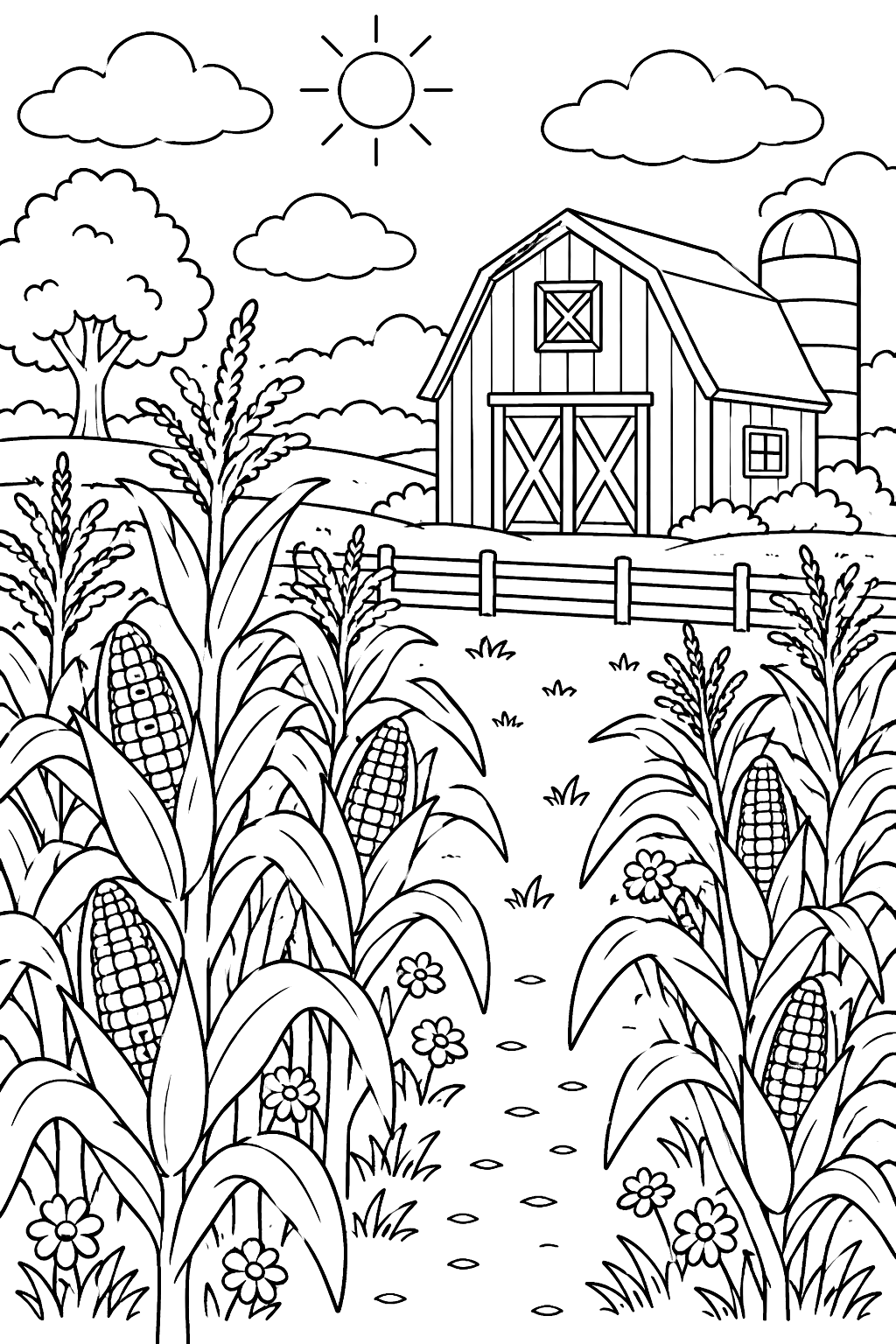 A cornfield with a red barn coloring page