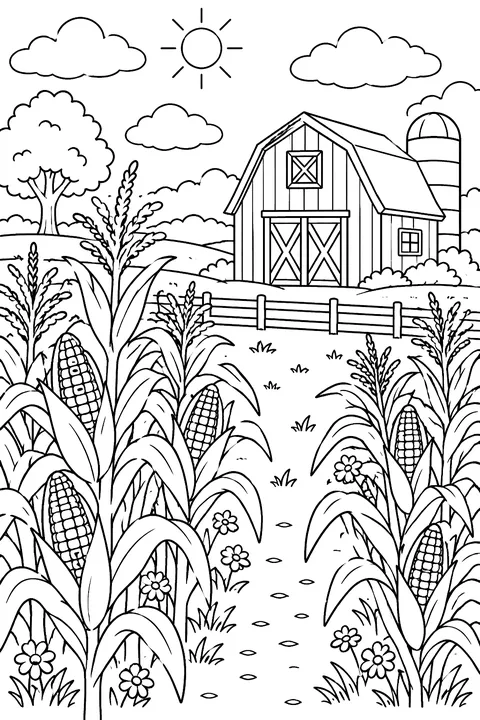 A cornfield with a red barn coloring page