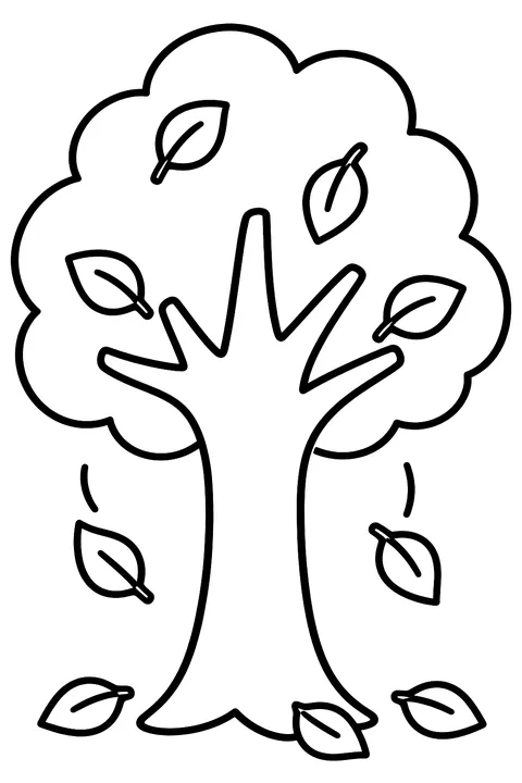 A tree with a few leaves turning and falling coloring page