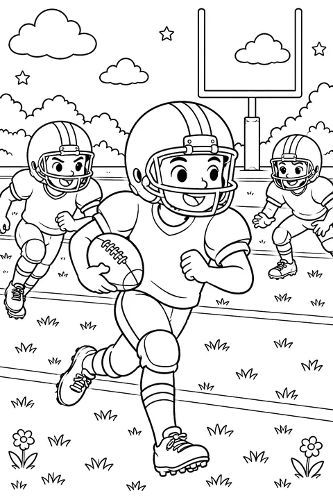 Kids playing American football on a grass field with a goal post coloring page