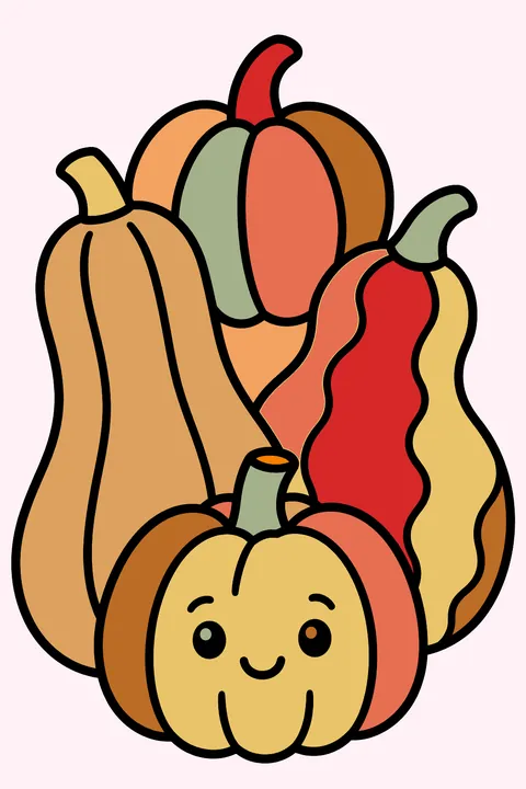 A pile of gourds and a small pumpkin coloring page
