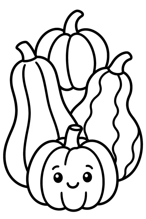 A pile of gourds and a small pumpkin coloring page