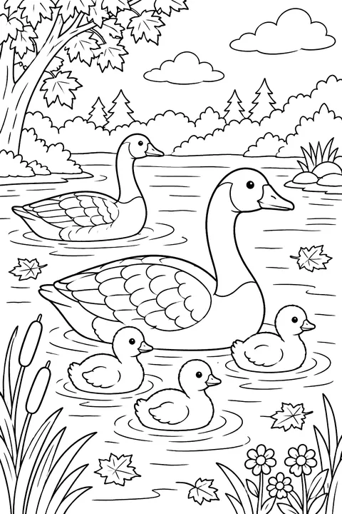 Geese on a pond in early fall coloring page