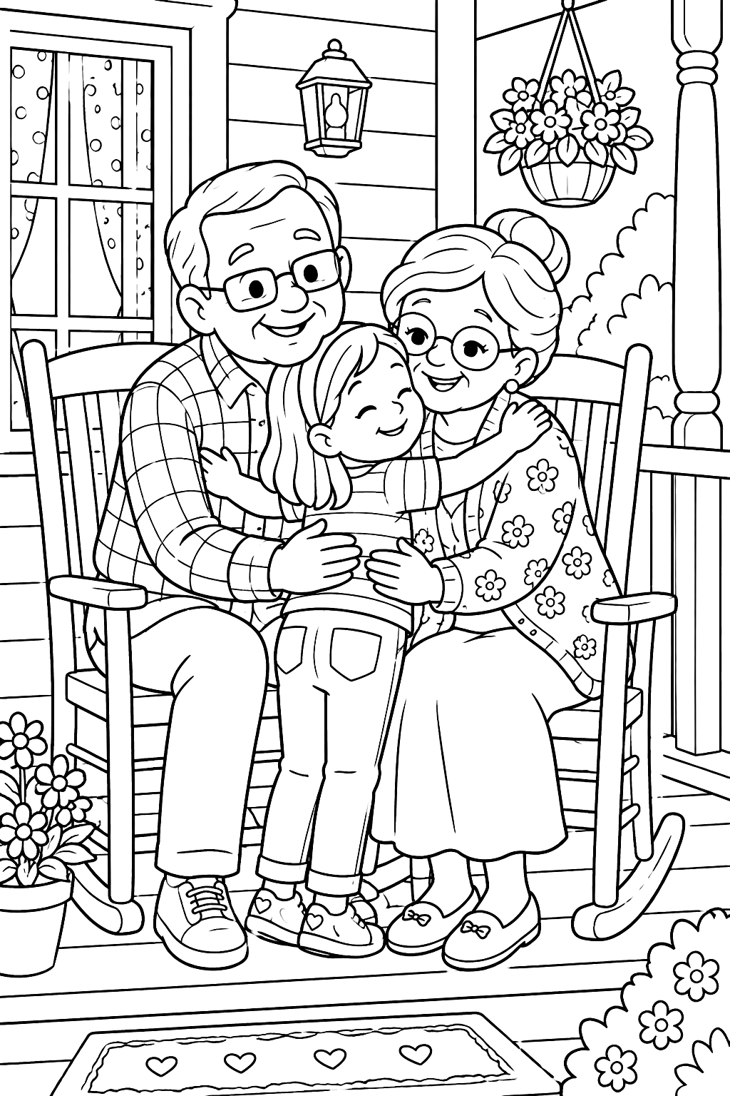 A child hugging grandparents on a porch coloring page