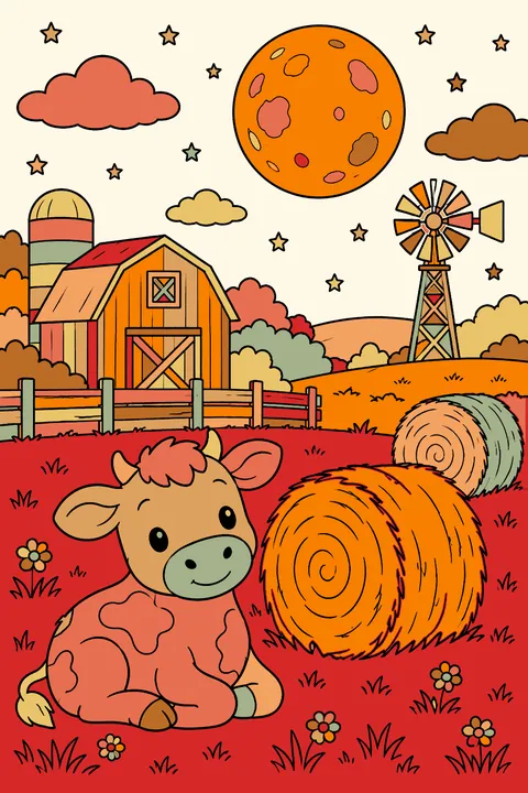A full moon over a farm with hay bales coloring page