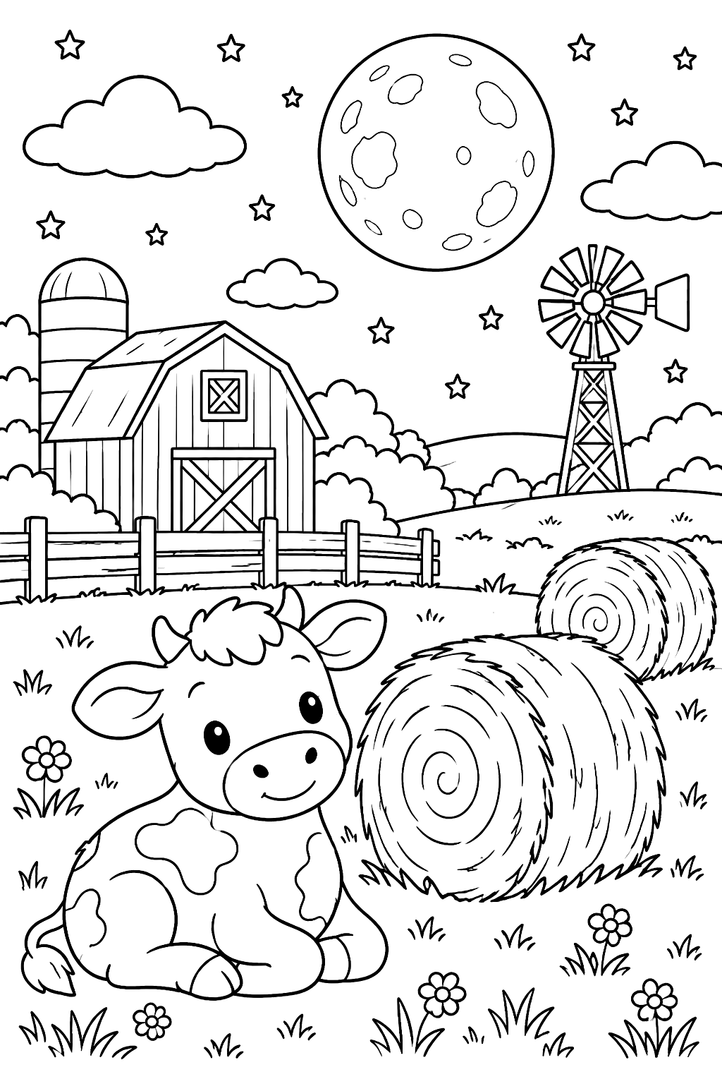 A full moon over a farm with hay bales coloring page