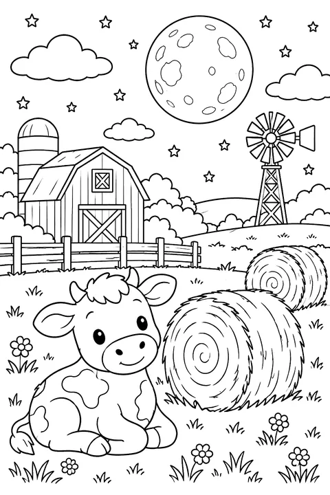 A full moon over a farm with hay bales coloring page