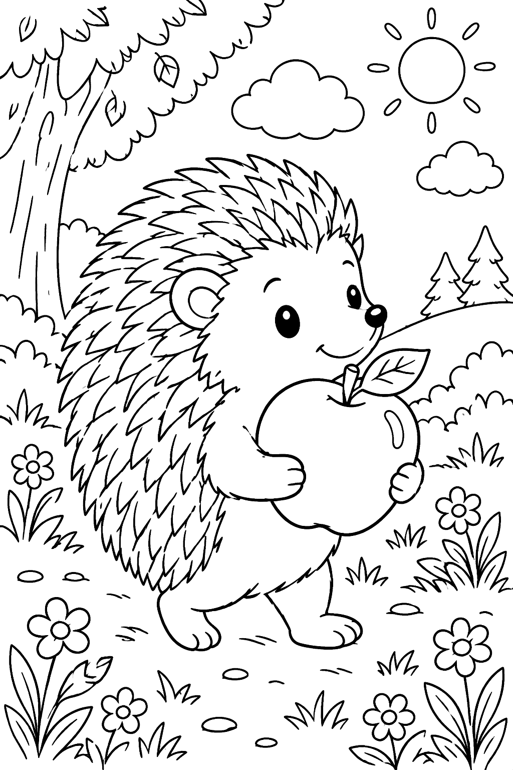A hedgehog carrying an apple coloring page