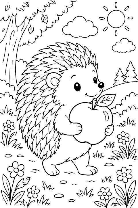 A hedgehog carrying an apple coloring page