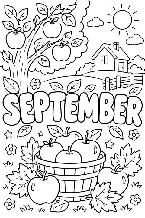 The word SEPTEMBER in big bubble outline letters with apples and leaves coloring page