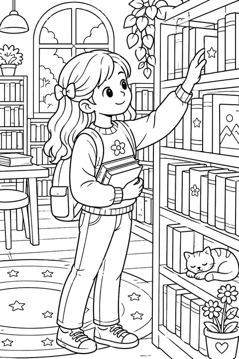 A child choosing books in a library coloring page