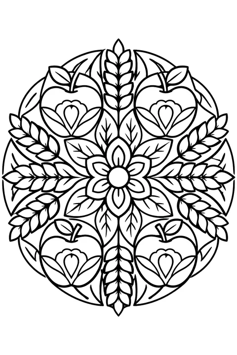 A round mandala of apples, leaves and wheat with bold closed shapes coloring page