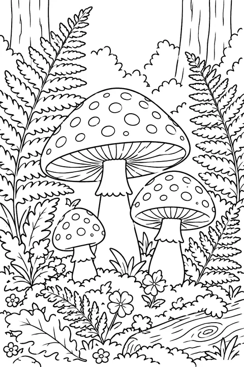 Mushrooms and ferns on the forest floor coloring page