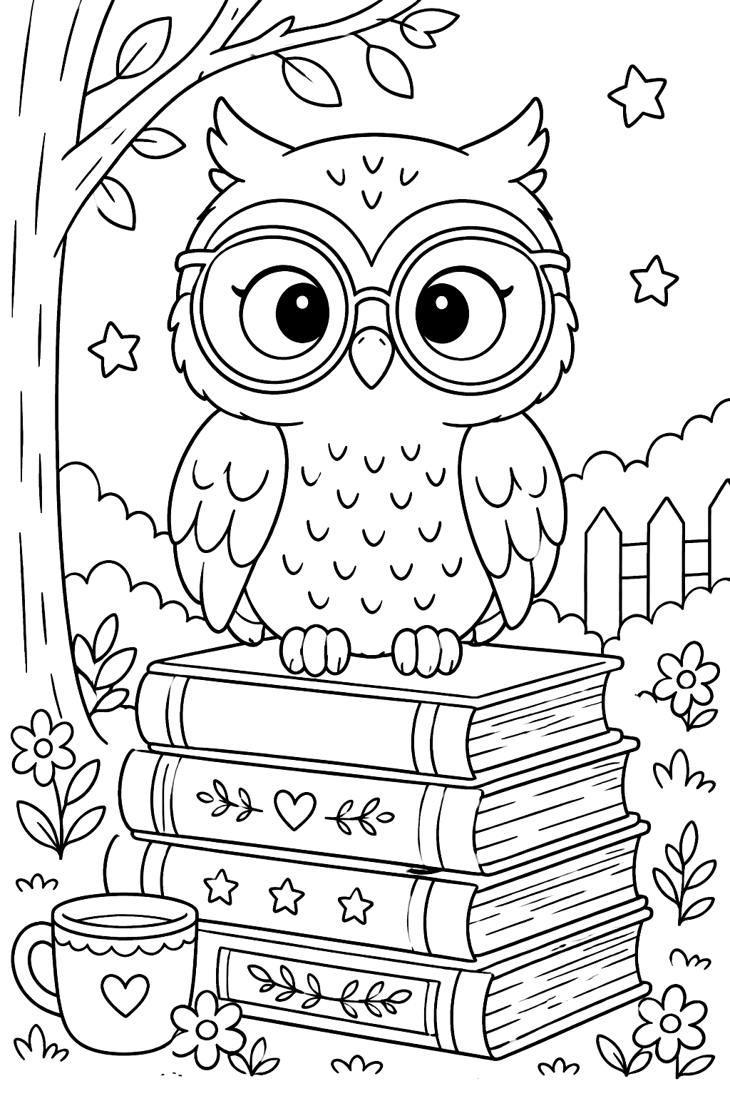 An owl wearing glasses on a stack of books coloring page