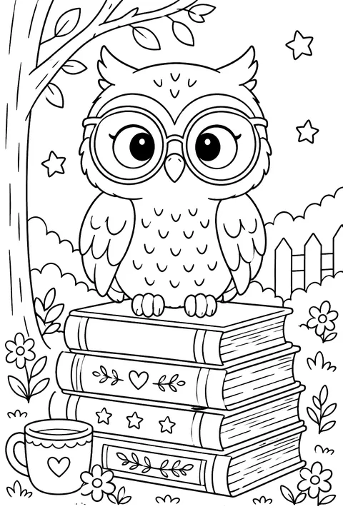 An owl wearing glasses on a stack of books coloring page
