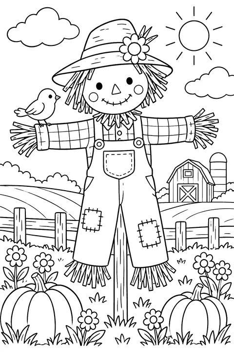 A friendly scarecrow in a field coloring page