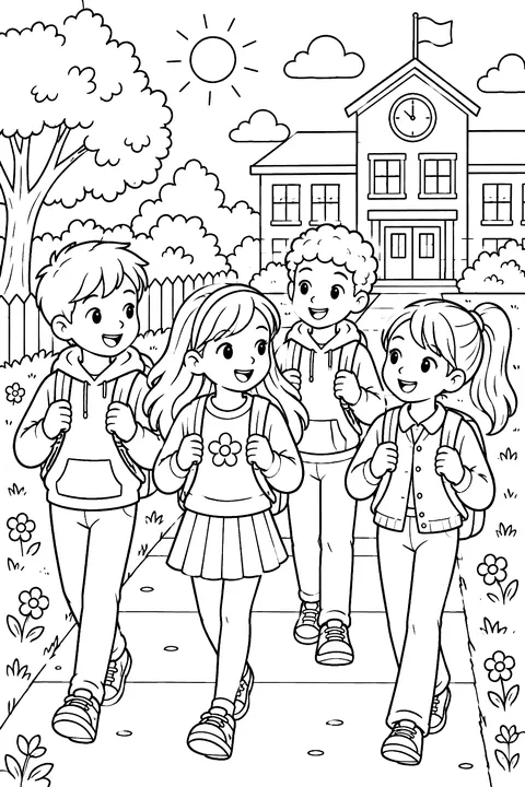 Kids walking to school together with backpacks coloring page
