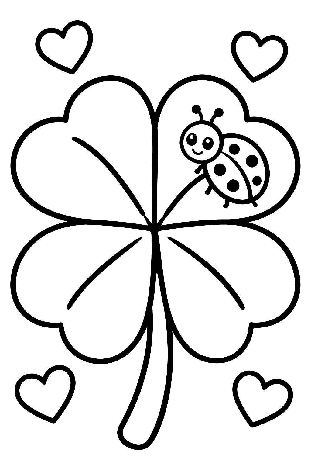a four-leaf clover with a vein line on each leaf, a ladybug on one leaf and small hearts around coloring page