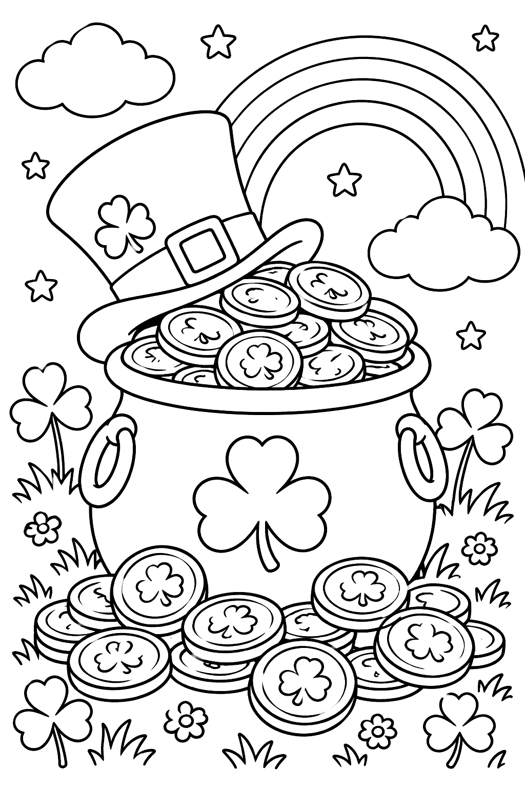 a pile of gold coins with shamrocks coloring page