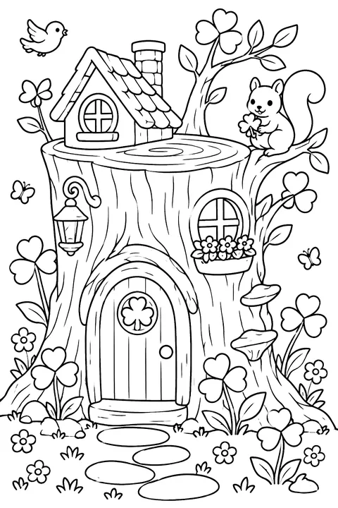 a tiny house in a tree trunk with shamrocks coloring page