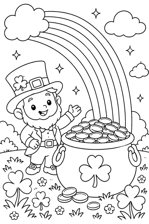 a pot of gold at the end of a rainbow with shamrocks coloring page
