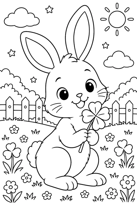 a bunny holding a four-leaf clover coloring page