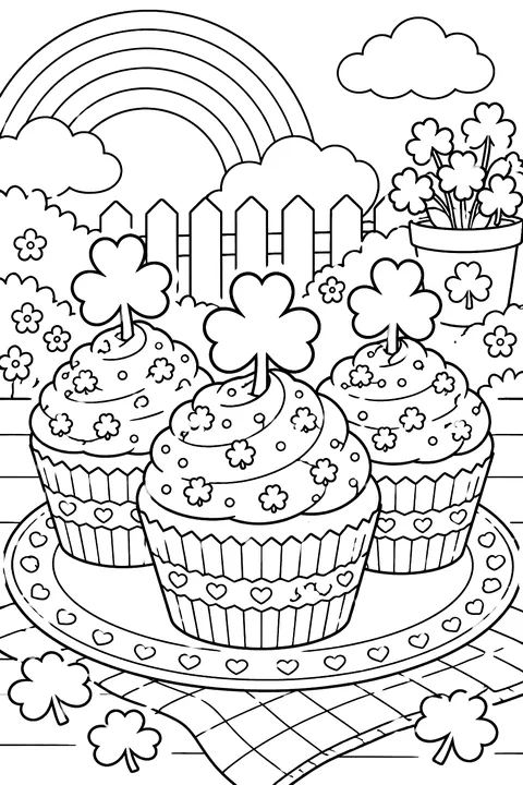 cupcakes with shamrock toppers coloring page