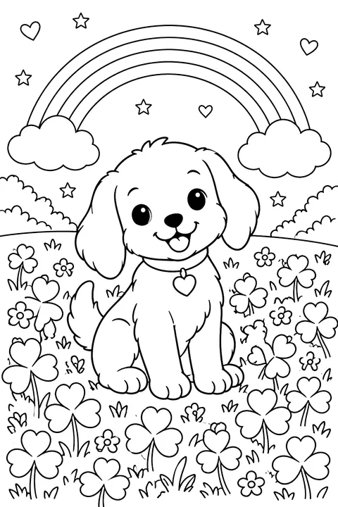 a field of clover with a rainbow coloring page