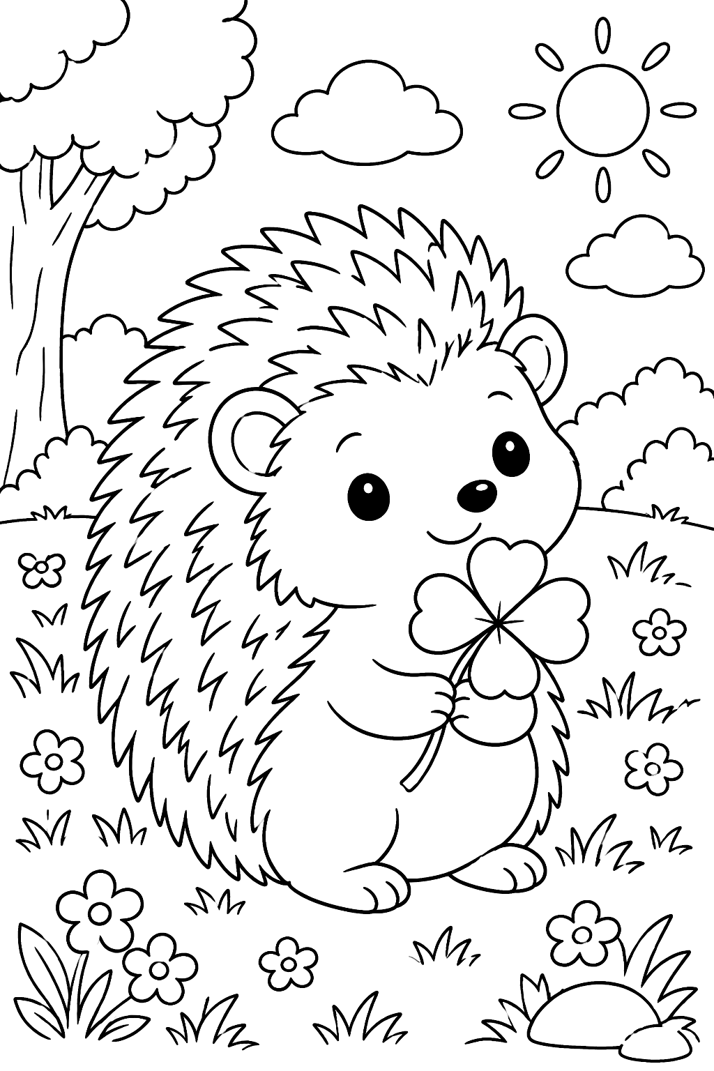 a hedgehog with a clover coloring page