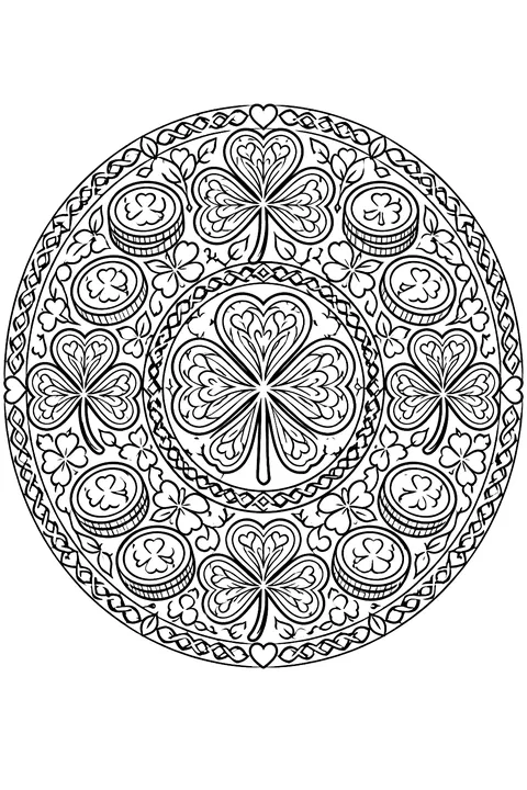 a pattern of shamrocks and coins coloring page