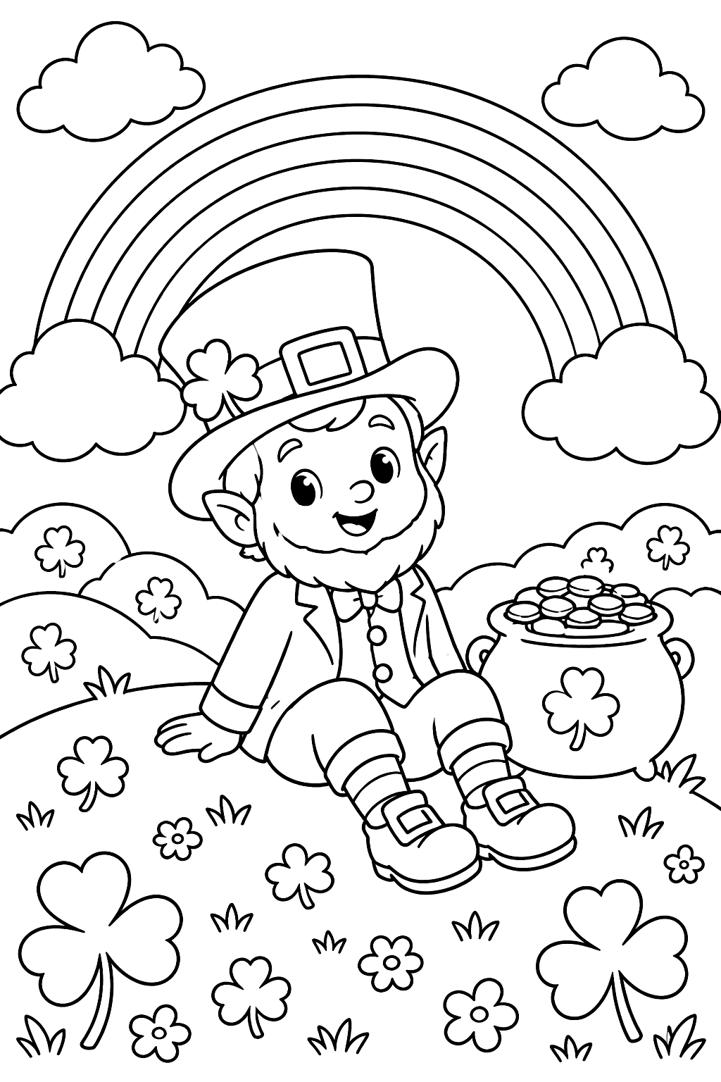 a rainbow over a shamrock hill with clouds coloring page