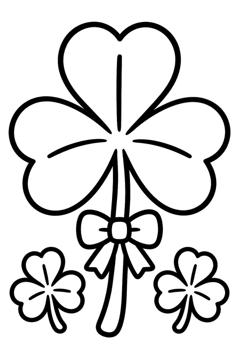 a three-leaf clover with a vein line on each leaf, a little bow on the stem and two small clovers beside it coloring page