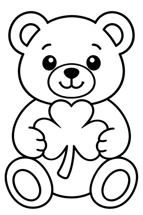a teddy bear holding a shamrock coloring page