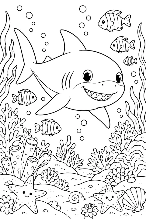 Friendly Shark on the Reef coloring page