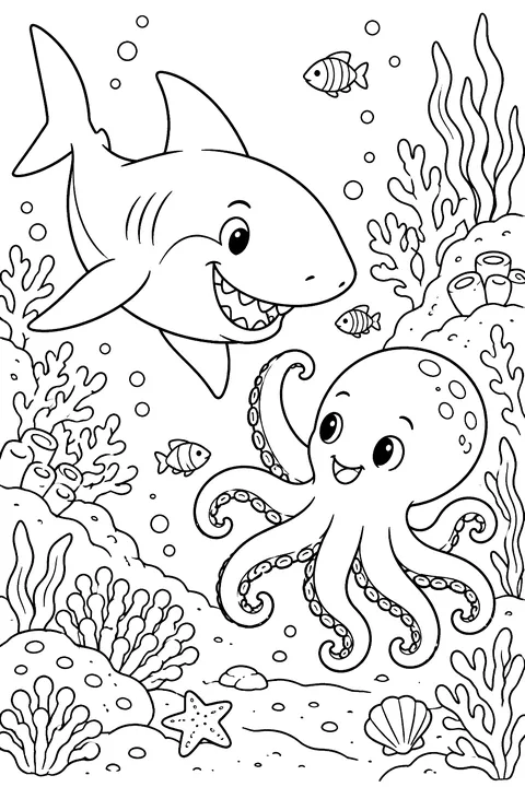 Shark and Octopus Friends coloring page