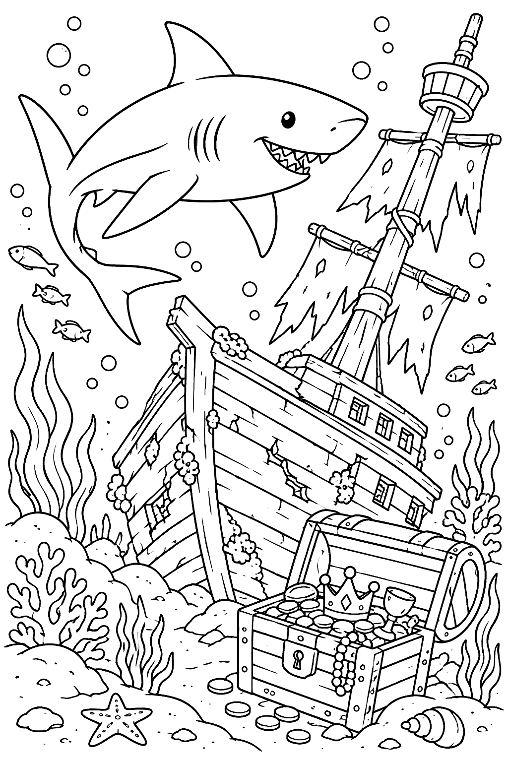 Shark at the Shipwreck coloring page