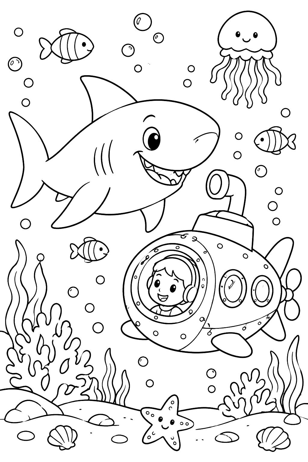Shark and Submarine coloring page