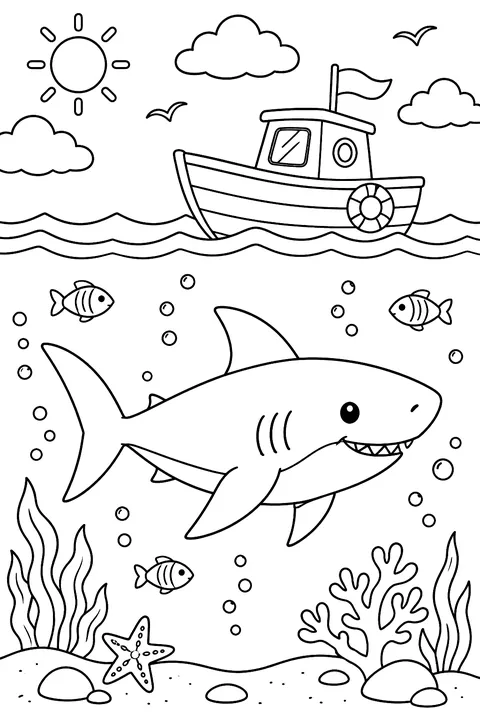 Shark Beneath a Boat coloring page
