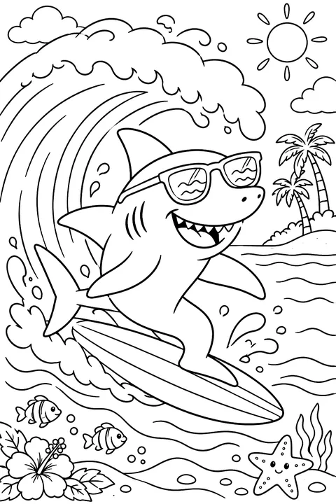 Surfing Shark coloring page