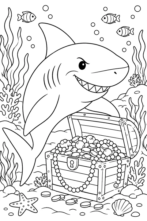 Shark Guarding Treasure coloring page