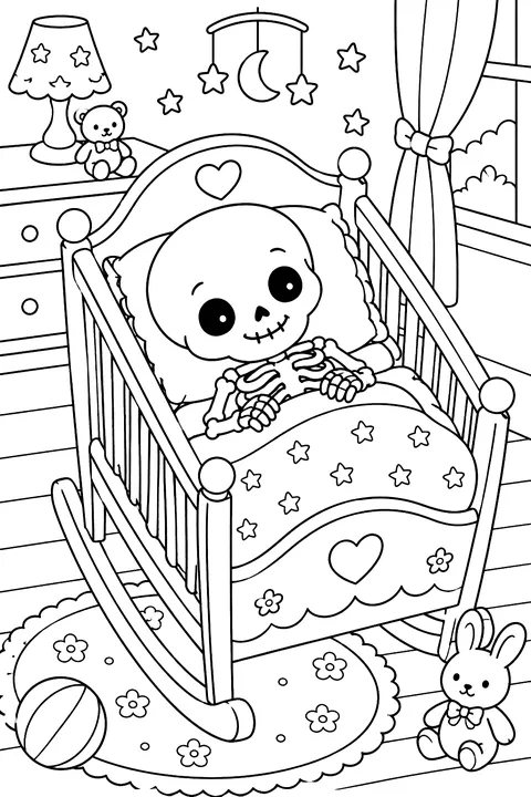 Baby skeleton in a cradle coloring page