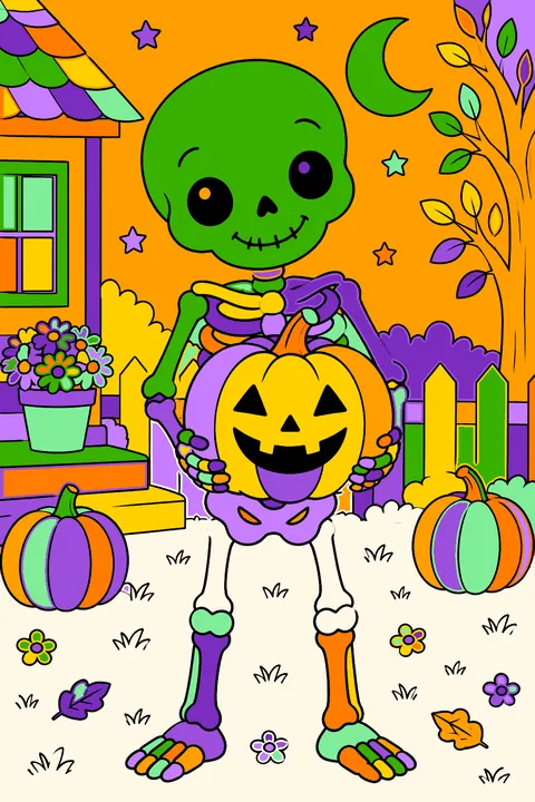 Cute skeleton holding a jack-o-lantern coloring page