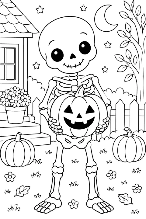 Cute skeleton holding a jack-o-lantern coloring page