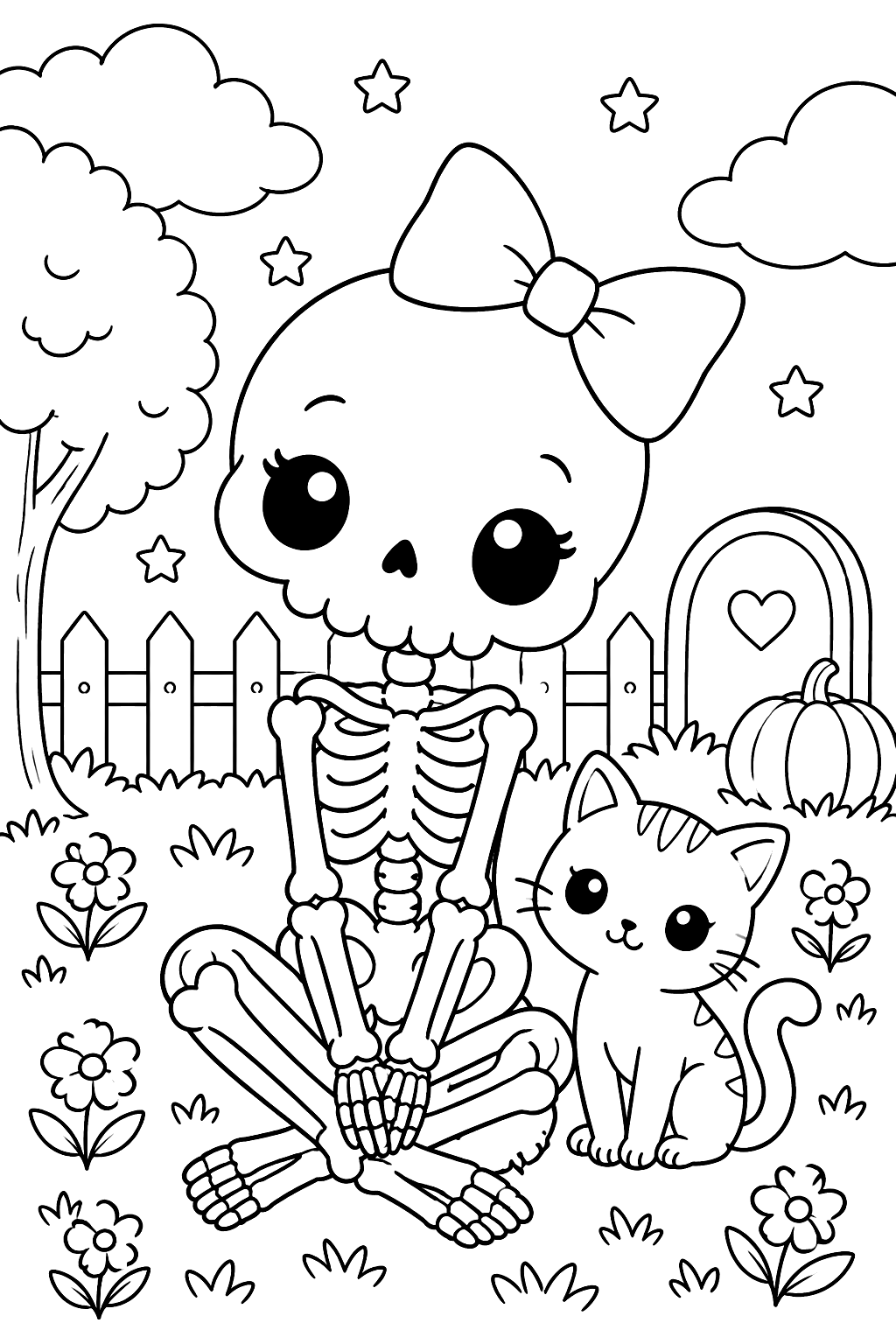 Kawaii skeleton with a bow coloring page