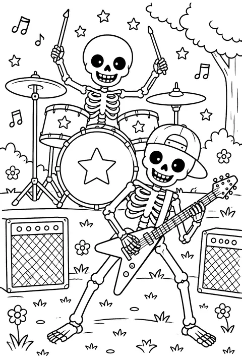 Skeleton band with drums and guitar coloring page