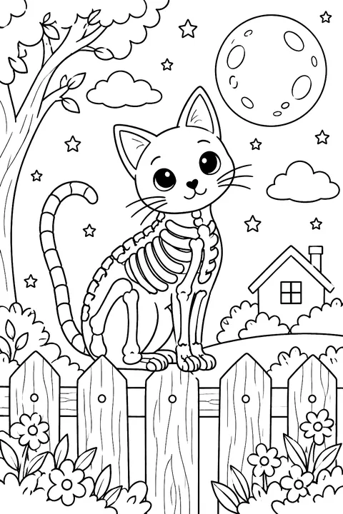 Skeleton cat on a fence under the moon coloring page